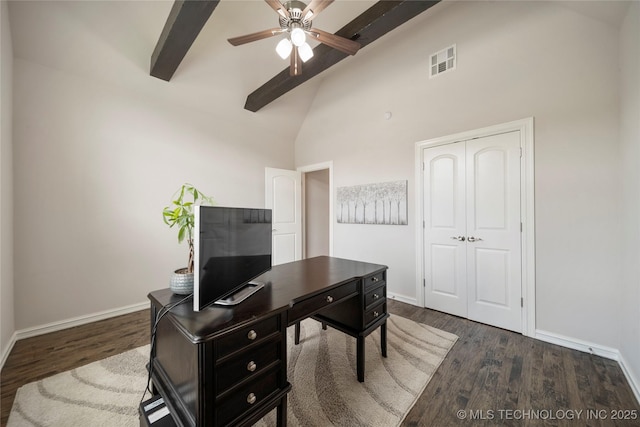 office space featuring beamed ceiling, high vaulted ceiling, dark wood-type flooring, and ceiling fan