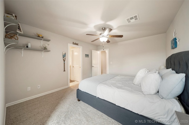 bedroom featuring ceiling fan and carpet floors