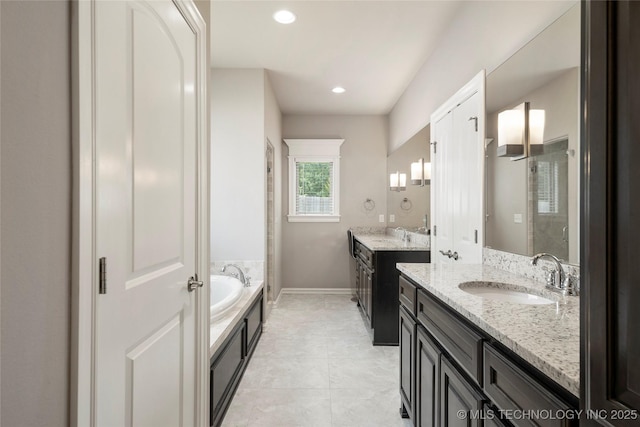 bathroom featuring vanity, separate shower and tub, and tile patterned flooring