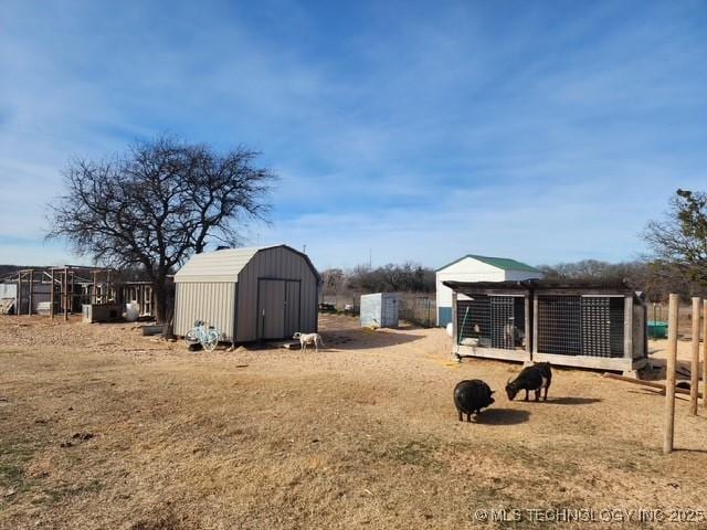 view of yard featuring a storage shed