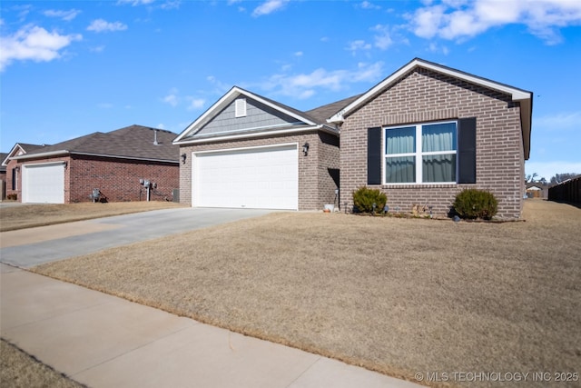 ranch-style house with a garage, a front yard, brick siding, and driveway