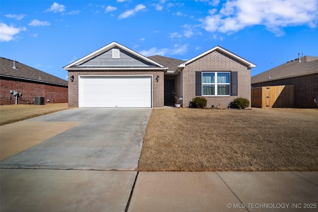 ranch-style house with concrete driveway, an attached garage, central air condition unit, a front lawn, and brick siding