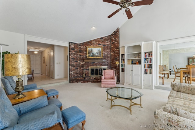 living room featuring a brick fireplace, high vaulted ceiling, light colored carpet, and ceiling fan