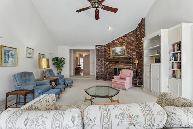 carpeted living room featuring ceiling fan, a fireplace, and high vaulted ceiling