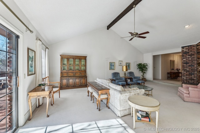 carpeted living room featuring beamed ceiling, ceiling fan, and high vaulted ceiling