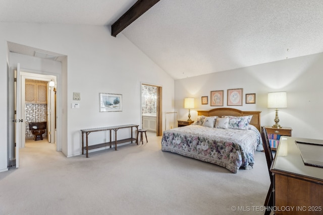 carpeted bedroom with beamed ceiling, high vaulted ceiling, and a textured ceiling