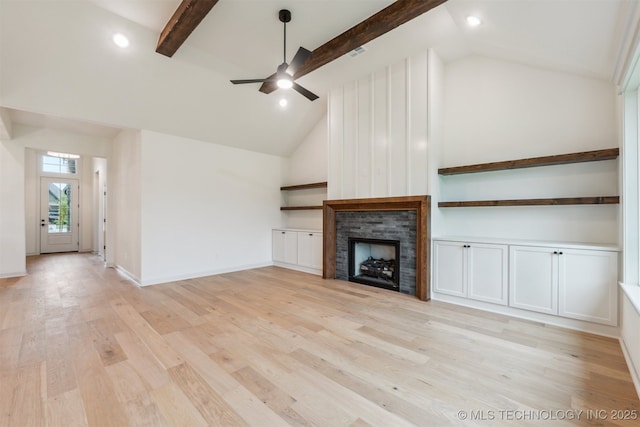 2722 E 134th Cir, Bixby, OK 74008 - unfurnished living room with a ceiling fan, a fireplace, light wood finished floors, recessed lighting, and high vaulted ceiling