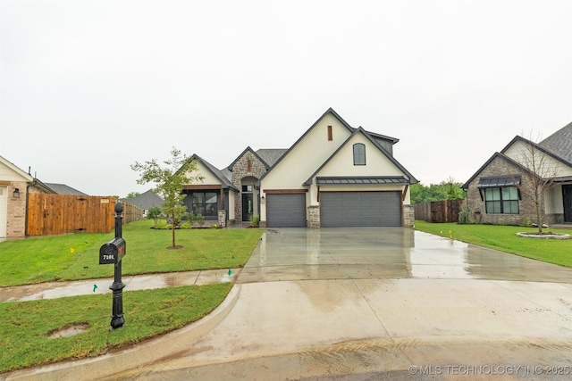2722 E 134th Cir, Bixby, OK 74008 - french country inspired facade with driveway, a garage, a standing seam roof, stucco siding, and a metal roof