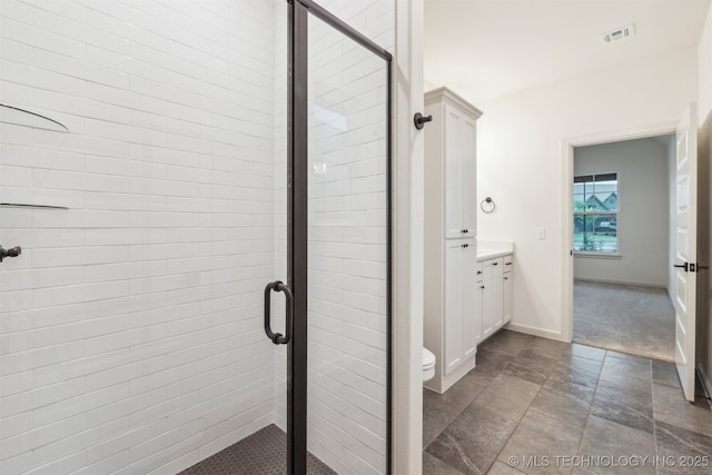 2722 E 134th Cir, Bixby, OK 74008 - full bathroom with a stall shower, vanity, and stone finish flooring