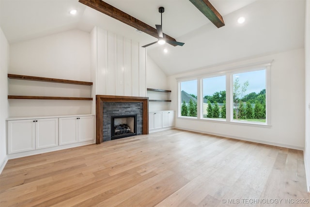 2722 E 134th Cir, Bixby, OK 74008 - unfurnished living room with ceiling fan, a fireplace, light wood-style flooring, and recessed lighting