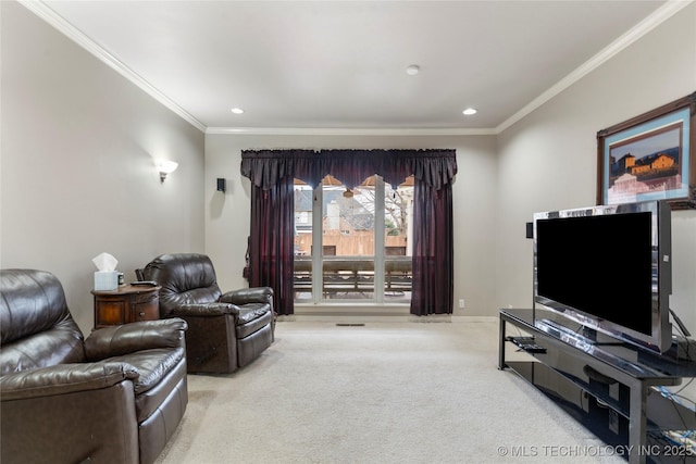 carpeted living room featuring crown molding