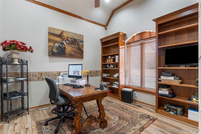 office area featuring crown molding, ceiling fan, lofted ceiling, and light hardwood / wood-style flooring