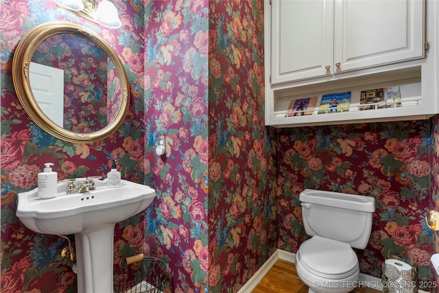 bathroom with hardwood / wood-style flooring and toilet