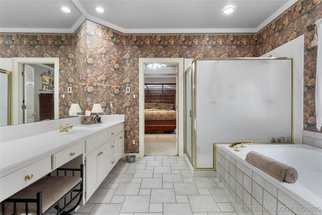 bathroom with vanity, ornamental molding, and plus walk in shower