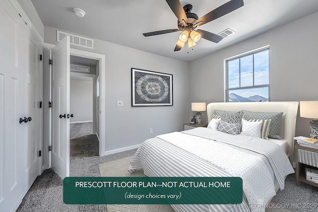 carpeted bedroom featuring ceiling fan