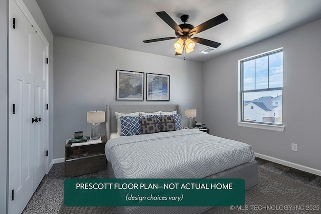 bedroom featuring ceiling fan, dark carpet, and a closet