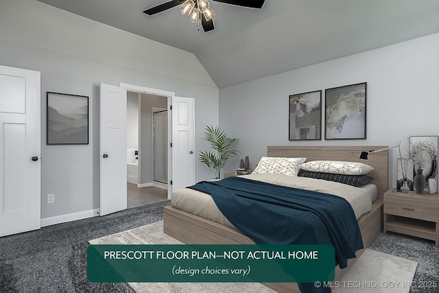 bedroom with vaulted ceiling, ensuite bathroom, ceiling fan, and dark carpet