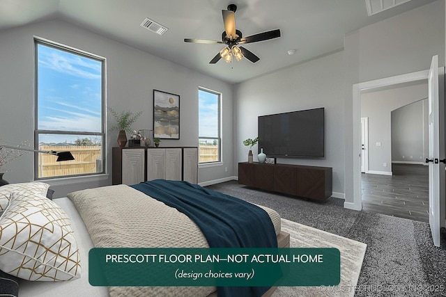 bedroom featuring vaulted ceiling and ceiling fan