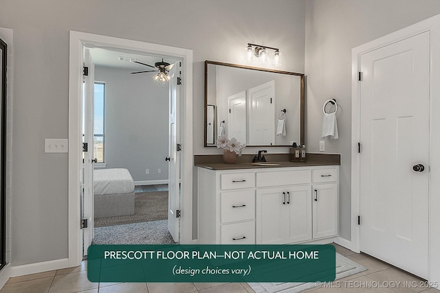 bathroom featuring tile patterned flooring, vanity, a shower with door, and ceiling fan