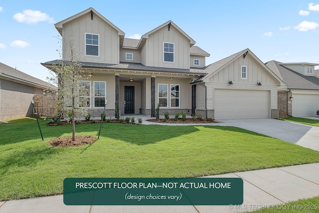 view of front of property featuring a porch, a garage, and a front yard