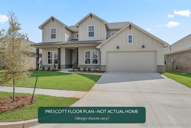 view of front facade featuring a garage, a front lawn, and covered porch