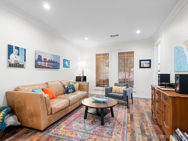 living area featuring crown molding, dark wood-style flooring, visible vents, and recessed lighting