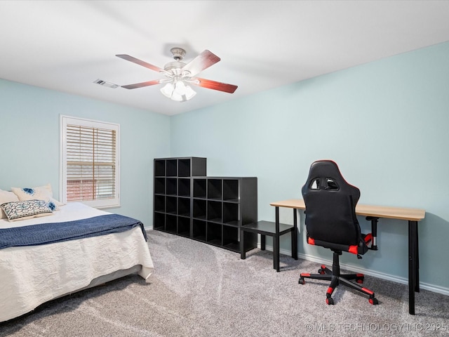 carpeted bedroom with visible vents, baseboards, and ceiling fan