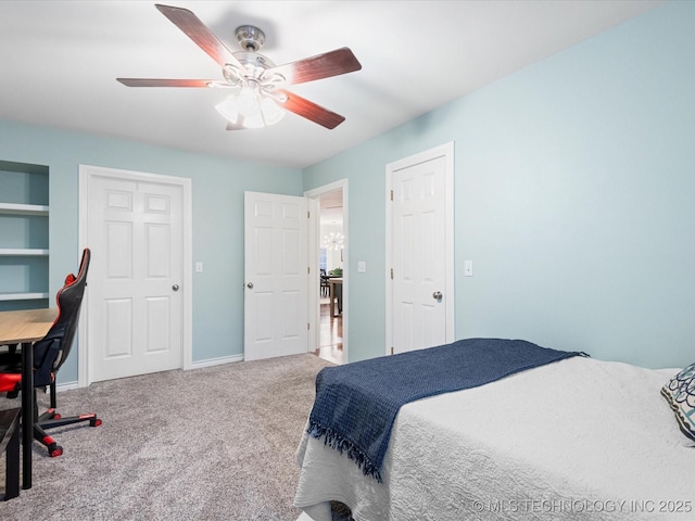 bedroom with carpet floors, baseboards, and a ceiling fan