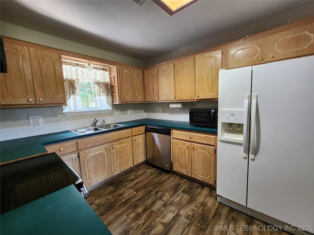 kitchen with sink, dark hardwood / wood-style floors, and black appliances