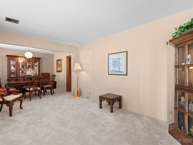 sitting room featuring light carpet and a textured ceiling