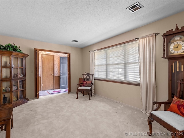 sitting room featuring light carpet and a textured ceiling