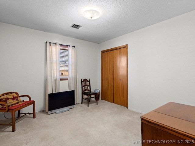 sitting room featuring light colored carpet and a textured ceiling