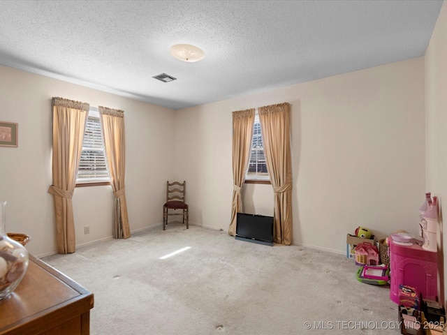 interior space featuring light colored carpet and a textured ceiling