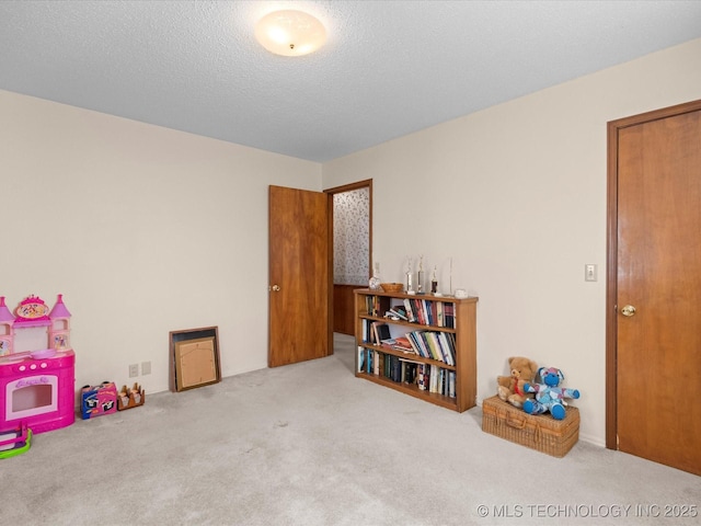 recreation room with light colored carpet and a textured ceiling