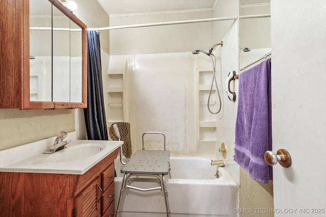 bathroom with vanity and shower / tub combo with curtain