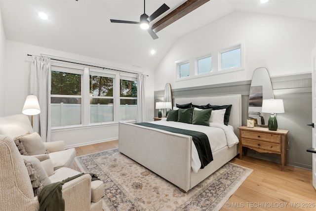 2325 E 134th Cir, Bixby, OK 74008 - bedroom with light wood-style flooring, recessed lighting, high vaulted ceiling, and ceiling fan