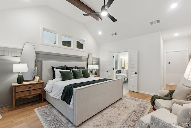 2325 E 134th Cir, Bixby, OK 74008 - bedroom with high vaulted ceiling, recessed lighting, light wood finished floors, ensuite bathroom, and ceiling fan