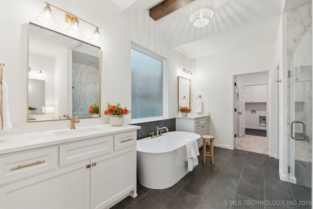 2325 E 134th Cir, Bixby, OK 74008 - full bathroom featuring a shower stall, two vanities, a soaking tub, and beamed ceiling