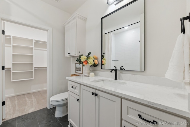 2325 E 134th Cir, Bixby, OK 74008 - full bathroom with vanity, tile patterned floors, a spacious closet, and a shower with shower curtain