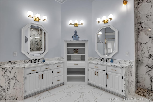 bathroom with vanity and a shower