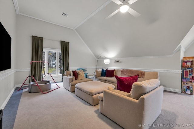 carpeted living room featuring crown molding, ceiling fan, and lofted ceiling