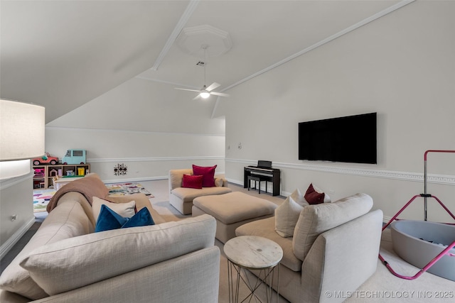 living room with carpet floors, vaulted ceiling, and ceiling fan