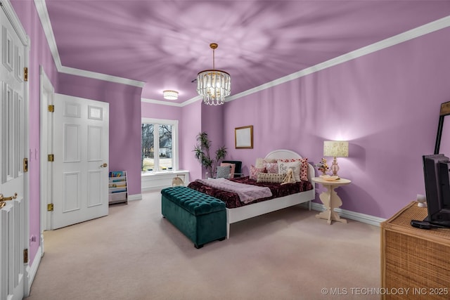 carpeted bedroom with ornamental molding and a chandelier