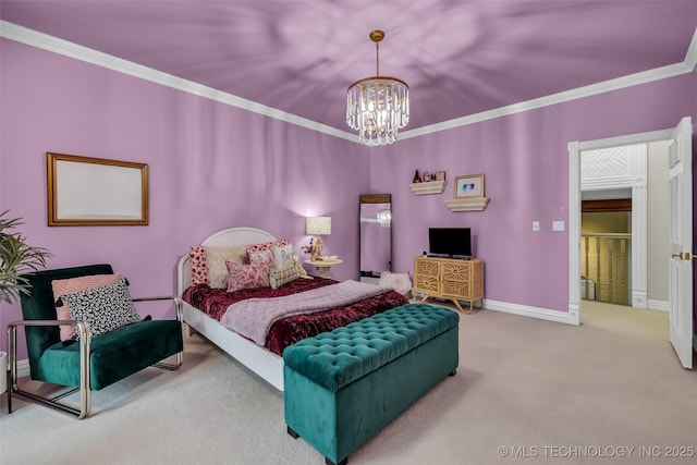 bedroom featuring crown molding, carpet, and an inviting chandelier