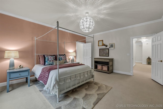 carpeted bedroom featuring an inviting chandelier and ornamental molding