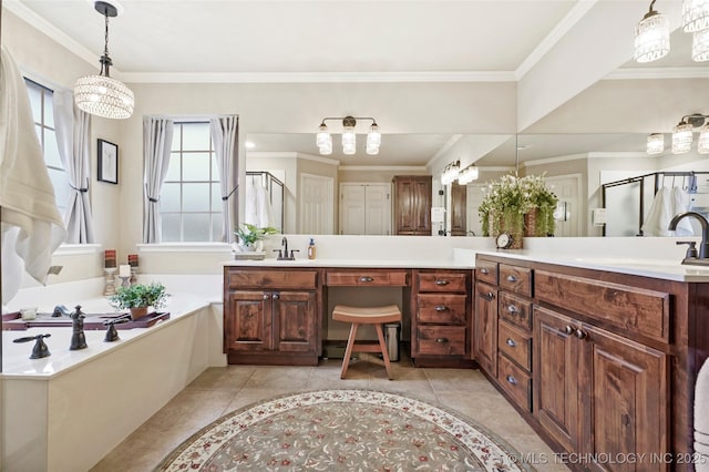 bathroom featuring crown molding, vanity, shower with separate bathtub, and tile patterned flooring