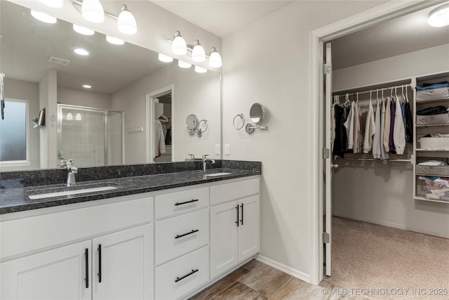 bathroom featuring vanity and a shower with shower door