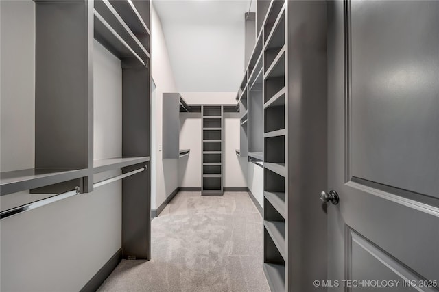 walk in closet featuring light carpet