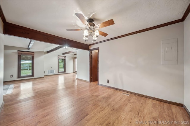 empty room with ceiling fan, ornamental molding, electric panel, and light hardwood / wood-style flooring