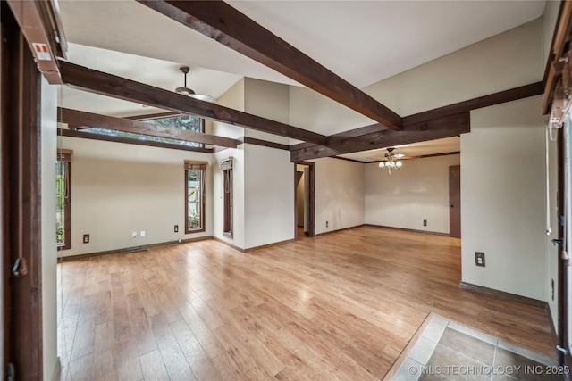 unfurnished living room with beamed ceiling, ceiling fan, and light wood-type flooring